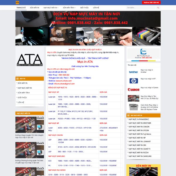 Mẫu web dịch vụ mực in, sửa máy tính
